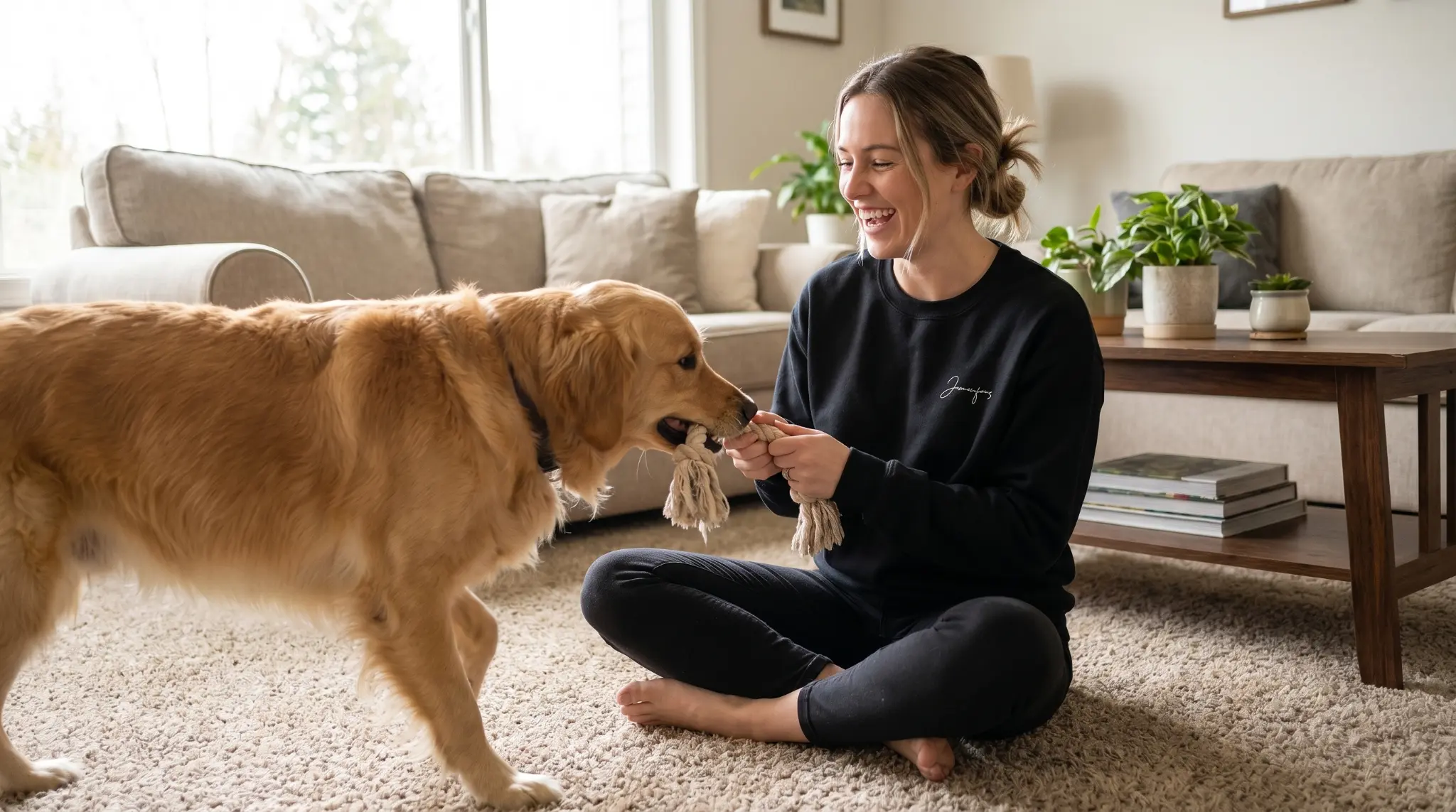 Jemenfous — femme avec golden retriever, hoodie noir